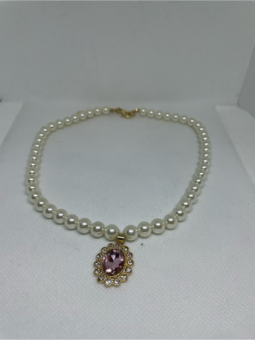 Pearl Necklace with Pink Crystal Pendant - Elegant Women's Jewelry